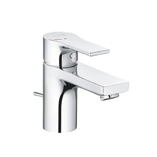 Chromfarbener Waschtischmischer von Kludi mit flacher Bedienungsoberfläche und seitlichem Hebel. Eignet sich für die Montage an Waschtischen und bietet eine moderne Optik.